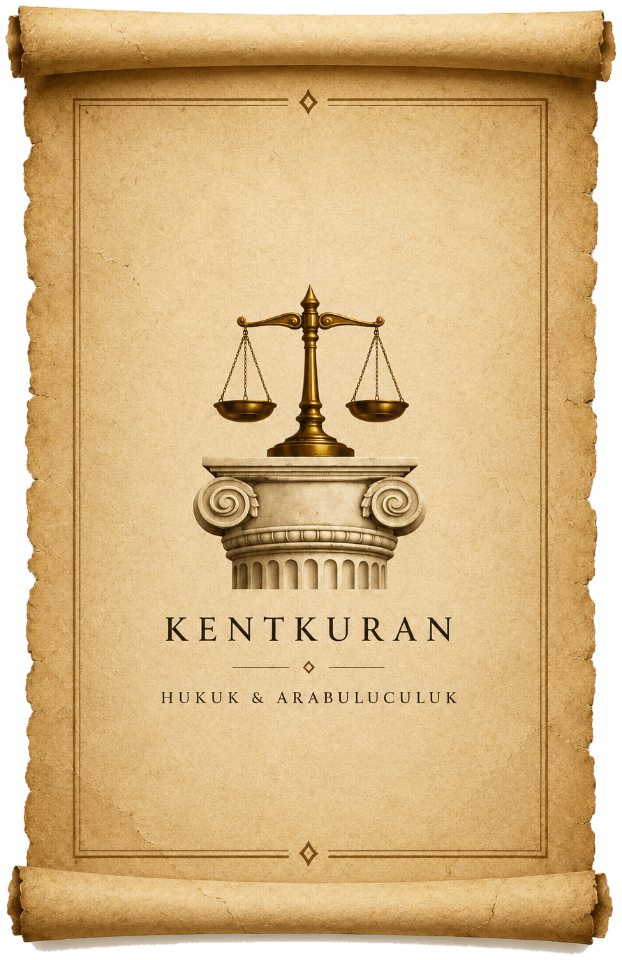 Kentkuran Hukuk ve Arabuluculuk — parşömen üzerinde terazi ve sütun logosu